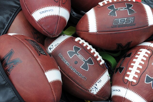 COLLEGE PARK, MD - SEPTEMBER 03:   Under Armour footballs on the field before the game between the Maryland Terrapins and the Howard Bison at Maryland Stadium on September 3, 2016 in College Park, Maryland.  (Photo by G Fiume/Maryland Terrapins/Getty Images) *** Local Caption ***