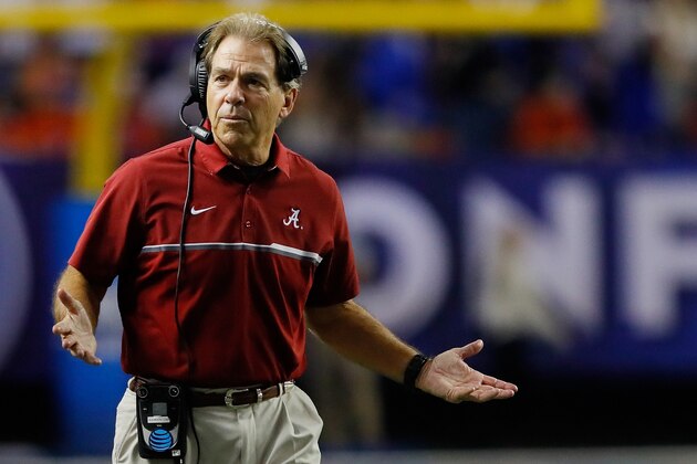 ATLANTA, GA - DECEMBER 03:  Head coach Nick Saban of the Alabama Crimson Tide looks on in the second half against the Florida Gators during the SEC Championship game at the Georgia Dome on December 3, 2016 in Atlanta, Georgia.  (Photo by Kevin C. Cox/Getty Images)