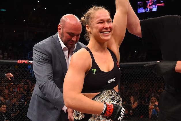 RIO DE JANEIRO, BRAZIL - AUGUST 01:  Ronda Rousey of the United States celebrates her knock out victory over Bethe Correia of Brazil in the first round in their UFC women's bantamweight championship bout during the UFC 190 event inside HSBC Arena on August 1, 2015 in Rio de Janeiro, Brazil.  (Photo by Josh Hedges/Zuffa LLC/Zuffa LLC via Getty Images)