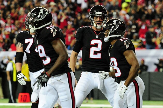 ATLANTA, GA - DECEMBER 18: Matt Ryan #2 of the Atlanta Falcons celebrates a touchdown during the first half against the San Francisco 49ers at the Georgia Dome on December 18, 2016 in Atlanta, Georgia. (Photo by Scott Cunningham/Getty Images)