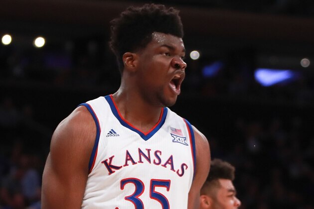 NEW YORK, NY - NOVEMBER 15:  Udoka Azubuike #35 of the Kansas Jayhawks reacts after a dunk against the Duke Blue Devils in the second half during the State Farm Champions Classic at Madison Square Garden on November 15, 2016 in New York City.  (Photo by Michael Reaves/Getty Images)