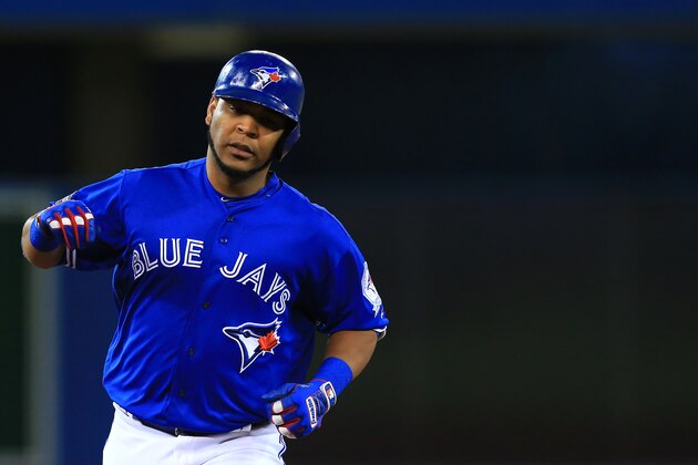 TORONTO, ON - OCTOBER 9: Edwin Encarnacion #10 of the Toronto Blue Jays runs the bases after hitting a two run home run in the first inning against the Texas Rangers during game three of the American League Division Series at Rogers Centre on October 9, 2016 in Toronto, Canada. (Photo by Vaughn Ridley/Getty Images)
