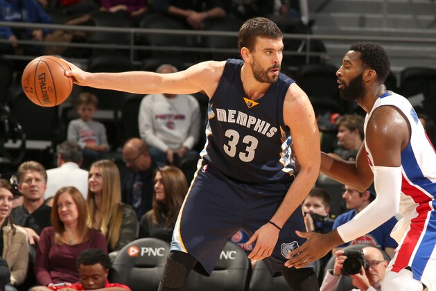AUBURN HILLS, MI - DECEMBER 21:  Marc Gasol #33 of the Memphis Grizzlies handles the ball against the Detroit Pistons on December 21, 2016 at The Palace of Auburn Hills in Auburn Hills, Michigan. NOTE TO USER: User expressly acknowledges and agrees that, by downloading and/or using this photograph, User is consenting to the terms and conditions of the Getty Images License Agreement. Mandatory Copyright Notice: Copyright 2016 NBAE (Photo by Brian Sevald/NBAE via Getty Images)