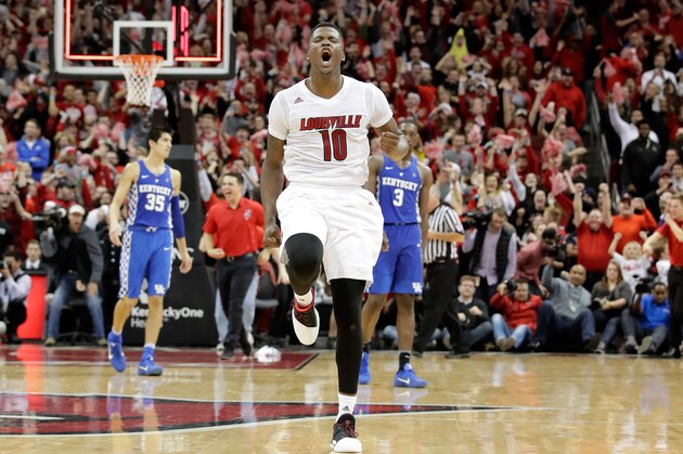 LOUISVILLE, KY - DECEMBER 21:  Jaylen Johnson #10 of the Louisville Cardinals celebrates after the 73-70 win over the  Kentucky Wildcats at KFC YUM! Center on December 21, 2016 in Louisville, Kentucky.  (Photo by Andy Lyons/Getty Images)