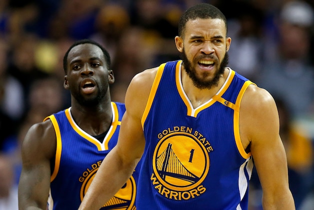 NEW ORLEANS, LA - DECEMBER 13:  JaVale McGee #1 of the Golden State Warriors and Draymond Green #23 of the Golden State Warriors react after scoring against the New Orleans Pelicans during a game at the Smoothie King Center on December 13, 2016 in New Orleans, Louisiana. NOTE TO USER: User expressly acknowledges and agrees that, by downloading and or using this photograph, User is consenting to the terms and conditions of the Getty Images License Agreement.  (Photo by Sean Gardner/Getty Images)