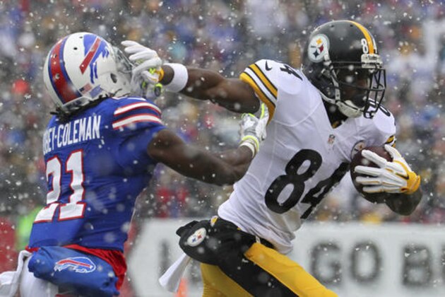 Pittsburgh Steelers wide receiver Antonio Brown (84) stiff arms Buffalo Bills defensive back Nickell Robey-Coleman (21) during the first half of an NFL football game, Sunday, Dec. 11, 2016, in Orchard Park, N.Y. (AP Photo/Bill Wippert)