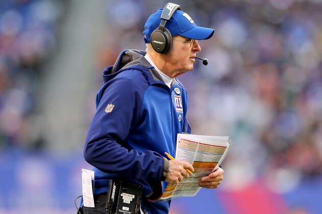 EAST RUTHERFORD, NJ - JANUARY 03:  Head coach Tom Coughlin of the New York Giants directs his players in the second half against the Philadelphia Eagles at MetLife Stadium on January 3, 2016 in East Rutherford, New Jersey.The Philadelphia Eagles defeated the New York Giants 35-30.  (Photo by Elsa/Getty Images)