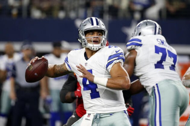 Dallas Cowboys quarterback Dak Prescott (4) prepares to throw a pass as Tyron Smith (77) provides protection in the first half of an NFL football game against the Tampa Bay Buccaneers on Sunday, Dec. 18, 2016, in Arlington, Texas. (AP Photo/Michael Ainsworth)