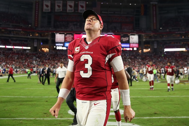 GLENDALE, AZ - SEPTEMBER 11:  Quarterback Carson Palmer #3 of the Arizona Cardinals reacts as he walks off the field following the NFL game against the New England Patriots at the University of Phoenix Stadium on September 11, 2016 in Glendale, Arizona. The Patriots defeated the Cardinals 23-21.  (Photo by Christian Petersen/Getty Images)