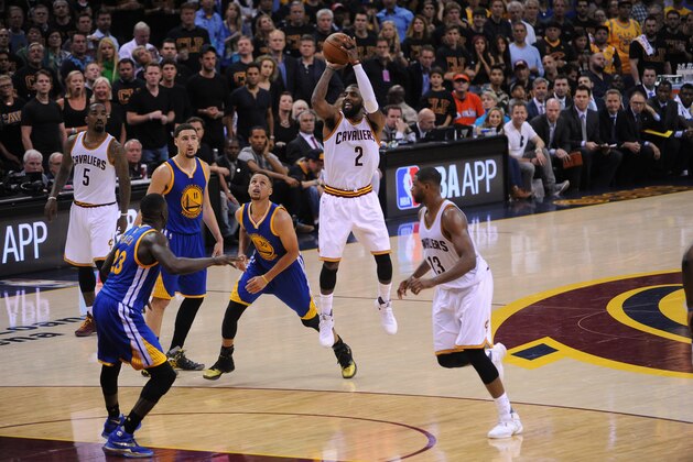 CLEVELAND, OH - JUNE 16:  Kyrie Irving #2 of the Cleveland Cavaliers shoots against the Golden State Warriors in Game Six of the 2016 NBA Finals on June 16, 2016 at Quicken Loans Arena in Cleveland, Ohio. NOTE TO USER: User expressly acknowledges and agrees that, by downloading and/or using this Photograph, user is consenting to the terms and conditions of the Getty Images License Agreement. Mandatory Copyright Notice: Copyright 2016 NBAE  (Photo by Noah Graham/NBAE via Getty Images)