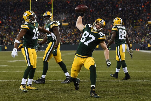GREEN BAY, WI - DECEMBER 11: Jordy Nelson #87 of the Green Bay Packers celebrates a touchdown during the second quarter of a game against the Seattle Seahawks at Lambeau Field on December 11, 2016 in Green Bay, Wisconsin. (Photo by Stacy Revere/Getty Images) GREEN BAY, WI - DECEMBER 11: Jordy Nelson #87 of the Green Bay Packers celebrates a touchdown during the second quarter of a game against the Seattle Seahawks at Lambeau Field on December 11, 2016 in Green Bay, Wisconsin. (Photo by Stacy Revere/Getty Images)
