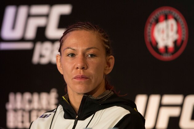 CURITIBA, BRAZIL - MAY 14: Cris Cyborg Justino  of Brazil attends the media after the fight against Leslie Smith of the United States in their catchweight bout during the UFC 198 at Arena da Baixada stadium on May 14, 2016 in Curitiba, Brazil. (Photo by Buda Mendes/Zuffa LLC/Zuffa LLC via Getty Images)