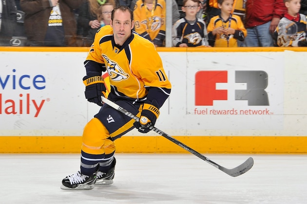 NASHVILLE, TN - JANUARY 18:  David Legwand #11 of the Nashville Predators warms up prior to a game against the Colorado Avalanche at Bridgestone Arena on January 18, 2014 in Nashville, Tennessee.  (Photo by Frederick Breedon/Getty Images)