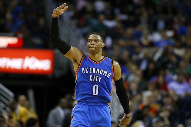 NEW ORLEANS, LA - DECEMBER 21: Russell Westbrook #0 of the Oklahoma City Thunder reacts during the first half of a game against the New Orleans Pelicans at the Smoothie King Center on December 21, 2016 in New Orleans, Louisiana. NOTE TO USER: User expressly acknowledges and agrees that, by downloading and or using this photograph, User is consenting to the terms and conditions of the Getty Images License Agreement.  (Photo by Jonathan Bachman/Getty Images)