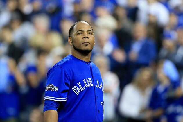 TORONTO, ON - OCTOBER 19:  Edwin Encarnacion #10 of the Toronto Blue Jays reacts in the ninth inning against the Cleveland Indians during game five of the American League Championship Series at Rogers Centre on October 19, 2016 in Toronto, Canada.  (Photo by Vaughn Ridley/Getty Images)