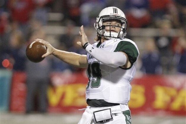 Hawaii's Dru Brown lets a pass rip against Fresno State during the second half of an NCAA college football game in Fresno, Calif., Saturday, Nov. 19, 2016. (AP Photo/Gary Kazanjian)