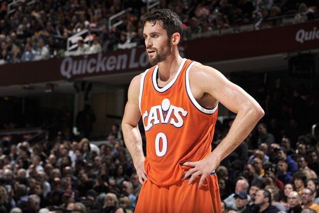 CLEVELAND, OH - DECEMBER 10: Kevin Love #0 of the Cleveland Cavaliers looks on during the game against the Charlotte Hornets on December 10, 2016 at The Quicken Loans Arena in Cleveland, Ohio. NOTE TO USER: User expressly acknowledges and agrees that, by downloading and/or using this Photograph, user is consenting to the terms and conditions of the Getty Images License Agreement. Mandatory Copyright Notice: Copyright 2016 NBAE (Photo by David Liam Kyle/NBAE via Getty Images)