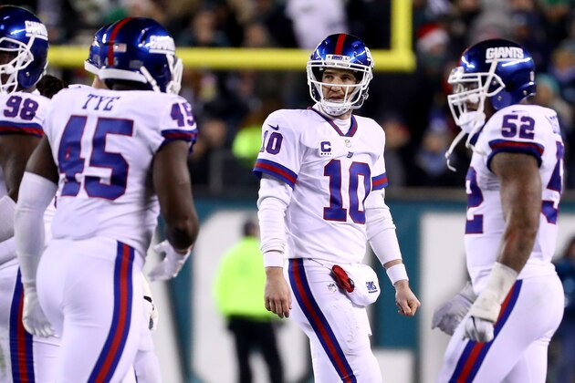 PHILADELPHIA, PA - DECEMBER 22:  Quarterback Eli Manning #10 of the New York Giants reacts after throwing an interception to Defensive back Terrence Brooks #29 of the Philadelphia Eagles intended for tight end Will Tye #45 during the fourth quarter of the game at Lincoln Financial Field on December 22, 2016 in Philadelphia, Pennsylvania.  (Photo by Al Bello/Getty Images)