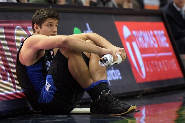 GREENSBORO, NC - DECEMBER 21: Grayson Allen #3 of the Duke Blue Devils waits at the scorer's table during the second half of their game against the Elon Phoenix at the Greensboro Coliseum on December 21, 2016 in Greensboro, North Carolina. Duke won 72-61. (Photo by Lance King/Getty Images)
