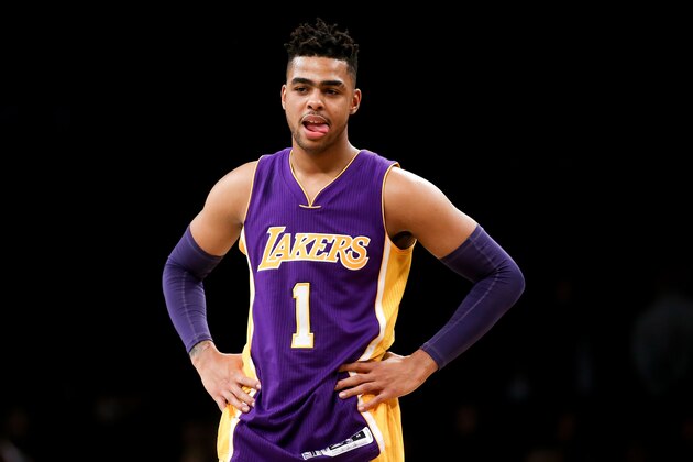 NEW YORK, NY - DECEMBER 14:  D'Angelo Russell #1 of the Los Angeles Lakers looks on against the Brooklyn Nets in the second half at Barclays Center on December 14, 2016 in the Brooklyn borough of New York City. NOTE TO USER: User expressly acknowledges and agrees that, by downloading and/or using this Photograph, user is consenting to the terms and conditions of the Getty Images License Agreement.  (Photo by Michael Reaves/Getty Images)