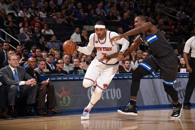 NEW YORK, NY - DECEMBER 22:  Carmelo Anthony #7 of the New York Knicks handles the ball during a game against the Orlando Magic on December 22, 2016 at Madison Square Garden in New York, New York. NOTE TO USER: User expressly acknowledges and agrees that, by downloading and/or using this photograph, user is consenting to the terms and conditions of the Getty Images License Agreement. Mandatory Copyright Notice: Copyright 2016 NBAE (Photo by Brian Babineau/NBAE via Getty Images)