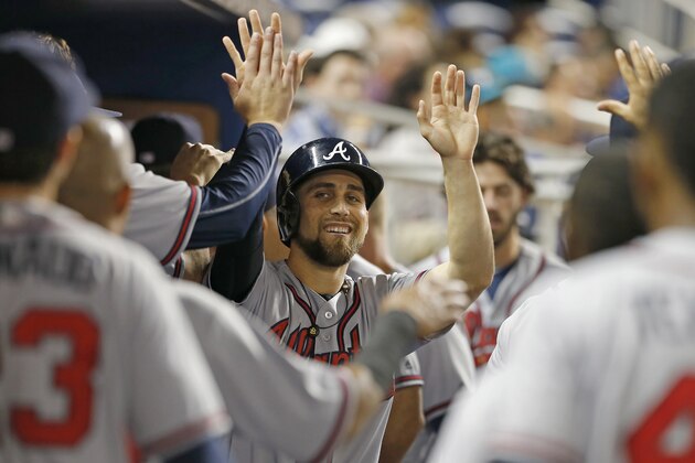MIAMI, FL - SEPTEMBER 24:  Ender Inciarte, center,  of the Atlanta Braves celebrates with teammates after he scored in the first inning against the Miami Marlins at Marlins Park on September 24, 2016 in Miami, Florida.  (Photo by Joe Skipper/Getty Images)