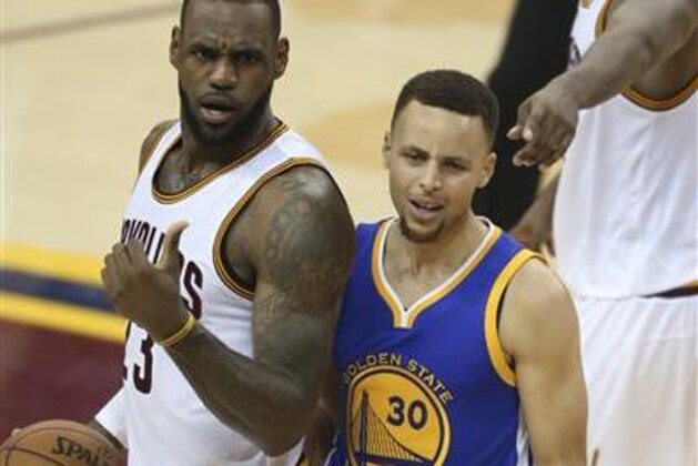 FILE - In this June 16, 2016, file photo, Golden State Warriors guard Stephen Curry reacts to being called for his sixth foul on Cleveland Cavaliers forward LeBron James (23) during the second half of Game 6 of basketball's NBA Finals in Cleveland. A weakened U.S. basketball team believes it’s still the strongest one in the Olympics. LeBron James, Stephen Curry and enough stars to fill an All-NBA team passed on playing, leaving the Americans with a roster that falls short against the Dream Team comparisons they always face. (AP Photo/Ron Schwane, File)