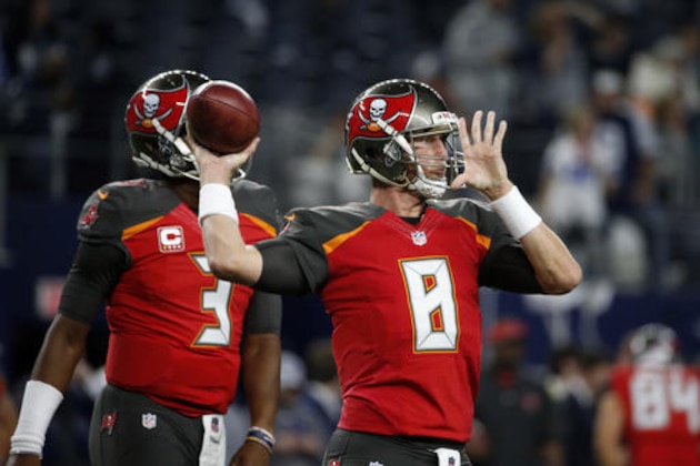 Tampa Bay Buccaneers quarterback Mike Glennon throws a pass during warm ups before an NFL football game against the Dallas Cowboys on Sunday, Dec. 18, 2016, in Arlington, Texas. (AP Photo/Michael Ainsworth)