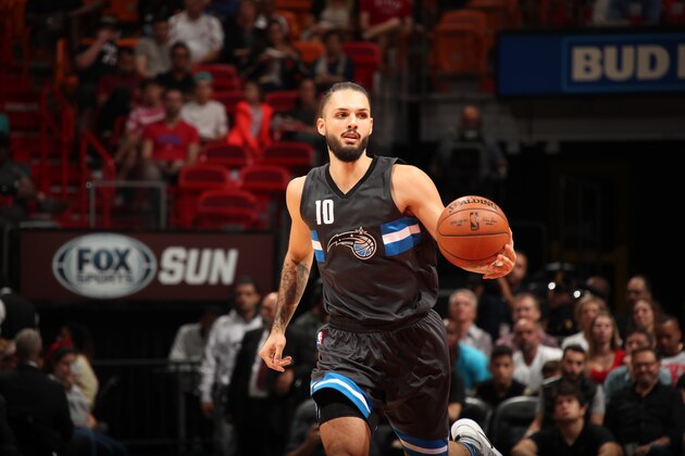MIAMI, FL - DECEMBER 20:  Evan Fournier #10 of the Orlando Magic handles the ball against the Miami Heat on December 20, 2016 at American Airlines Arena in Miami, Florida. NOTE TO USER: User expressly acknowledges and agrees that, by downloading and or using this Photograph, user is consenting to the terms and conditions of the Getty Images License Agreement. Mandatory Copyright Notice: Copyright 2016 NBAE (Photo by Issac Baldizon/NBAE via Getty Images)