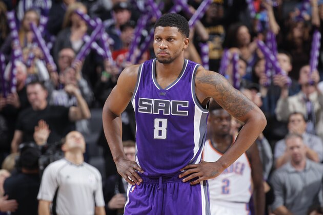 SACRAMENTO, CA - NOVEMBER 23: Rudy Gay #8 of the Sacramento Kings looks on during the game against the Oklahoma City Thunder on November 23, 2016 at Golden 1 Center in Sacramento, California. NOTE TO USER: User expressly acknowledges and agrees that, by downloading and or using this photograph, User is consenting to the terms and conditions of the Getty Images Agreement. Mandatory Copyright Notice: Copyright 2016 NBAE (Photo by Rocky Widner/NBAE via Getty Images)