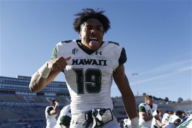 Hawaii Warriors defensive back Jalen Rogers (19) celebrates in the second half of an NCAA college football game Saturday, Oct. 22, 2016, at Air Force Academy, Colo. Hawaii won 34-27 in double overtime. (AP Photo/David Zalubowski)