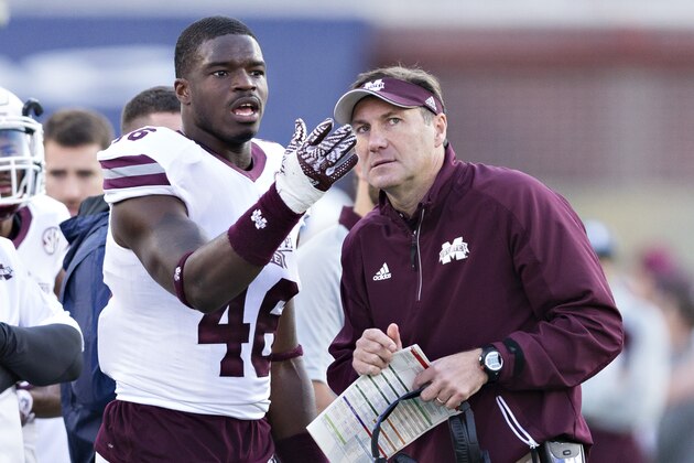 OXFORD, MS - NOVEMBER 26:  Head Coach Dan Mullen talks with Dez Harris