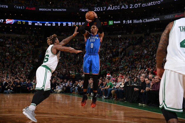 BOSTON, MA - DECEMBER 23: Russell Westbrook #0 of the Oklahoma City Thunder shoots the ball against the Boston Celtics on December 23, 2016 at the TD Garden in Boston, Massachusetts.  NOTE TO USER: User expressly acknowledges and agrees that, by downloading and or using this photograph, User is consenting to the terms and conditions of the Getty Images License Agreement. Mandatory Copyright Notice: Copyright 2016 NBAE  (Photo by Brian Babineau/NBAE via Getty Images)