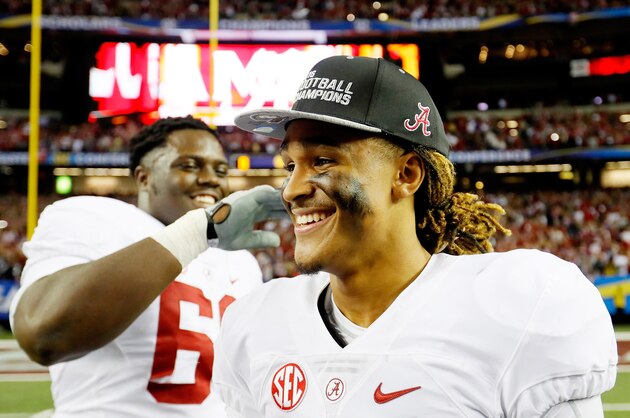 ATLANTA, GA - DECEMBER 03:  Jalen Hurts #2 of the Alabama Crimson Tide celebrates their 54 to 16 win over the Florida Gators in the SEC Championship game at the Georgia Dome on December 3, 2016 in Atlanta, Georgia.  (Photo by Kevin C. Cox/Getty Images)