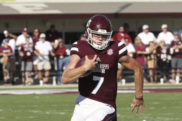 Mississippi State quarterback Nick Fitzgerald (7) sprints for additional yardage during the first half of their NCAA college football game against Samford in Starkville, Miss., Saturday, Oct. 29, 2016. MSU won 56-41 (AP Photo/Jim Lytle)