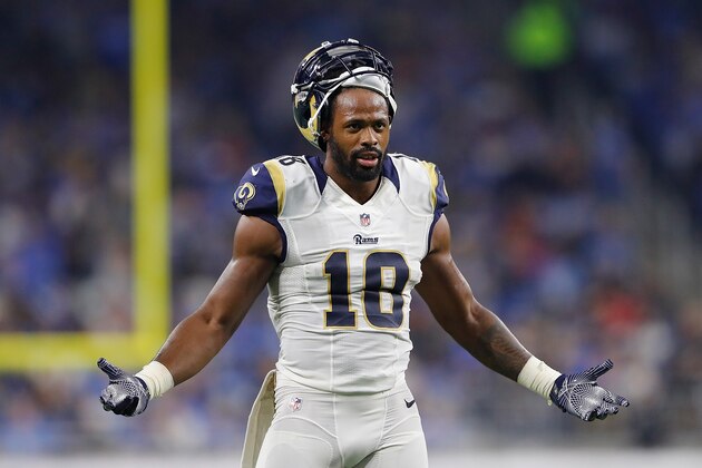 DETROIT, MI - OCTOBER 16: Kenny Britt #18 of the Los Angeles Rams reacts to a call during the fourth quarter of the game against the Detroit Lions on October 16, 2016 in Detroit, Michigan. The Lions defeated the Rams 31-28. (Photo by Leon Halip/Getty Images)