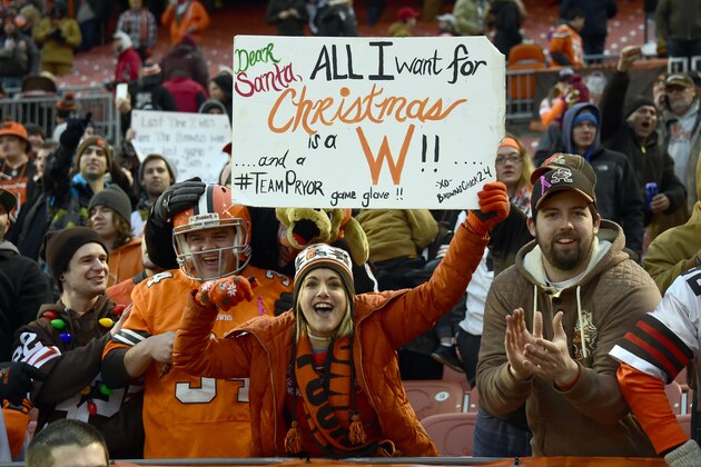 CLEVELAND, OH - DECEMBER 24:  Cleveland Browns fans celebrates after defeating the San Diego Chargers 20-17 at FirstEnergy Stadium on December 24, 2016 in Cleveland, Ohio. (Photo by Jason Miller/Getty Images)