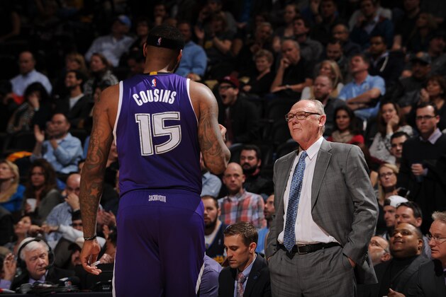DENVER, CO - FEBRUARY 23: DeMarcus Cousins #15 and George Karl of the Sacramento Kings are seen during the game against Denver Nuggets on February 23, 2016 at the Pepsi Center in Denver, Colorado. NOTE TO USER: User expressly acknowledges and agrees that, by downloading and/or using this Photograph, user is consenting to the terms and conditions of the Getty Images License Agreement. Mandatory Copyright Notice: Copyright 2016 NBAE (Photo by Bart Young/NBAE via Getty Images)