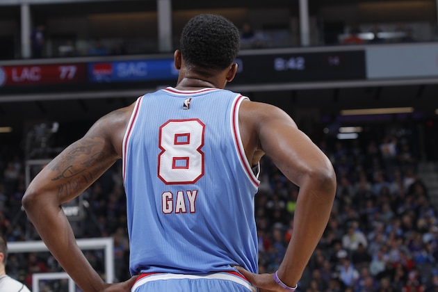 SACRAMENTO, CA - NOVEMBER 18: Rudy Gay #8 of the Sacramento Kings looks on during the game against the Los Angeles Clippers on November 18, 2016 at Golden 1 Center in Sacramento, California. NOTE TO USER: User expressly acknowledges and agrees that, by downloading and or using this photograph, User is consenting to the terms and conditions of the Getty Images Agreement. Mandatory Copyright Notice: Copyright 2016 NBAE (Photo by Rocky Widner/NBAE via Getty Images)