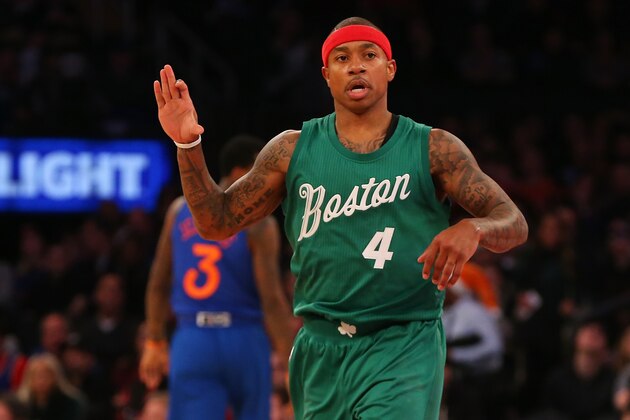 NEW YORK, NY - DECEMBER 25:  Isaiah Thomas #4 of the Boston Celtics reacts after hitting a three pointer against the New York Knicks at Madison Square Garden on December 25, 2016 in New York City. NOTE TO USER: User expressly acknowledges and agrees that, by downloading and or using this photograph, User is consenting to the terms and conditions of the Getty Images License Agreement.  (Photo by Mike Stobe/Getty Images)