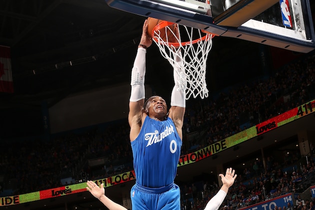 OKLAHOMA CITY, OK- DECEMBER 25: Russell Westbrook #0 of the Oklahoma City Thunder dunks the ball during the game against the Minnesota Timberwolves on December 25, 2016 at Chesapeake Energy Arena in Oklahoma City, Oklahoma. NOTE TO USER: User expressly acknowledges and agrees that, by downloading and or using this photograph, User is consenting to the terms and conditions of the Getty Images License Agreement. Mandatory Copyright Notice: Copyright 2016 NBAE (Photo by Layne Murdoch/NBAE via Getty Images)