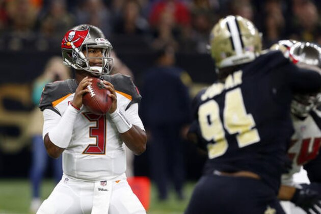 Tampa Bay Buccaneers quarterback Jameis Winston (3) drops back to pass in the first half of an NFL football game against the New Orleans Saints in New Orleans, Saturday, Dec. 24, 2016. (AP Photo/Butch Dill)