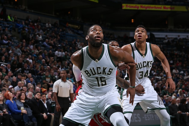 MILWAUKEE, WI - FEBRUARY 29: Greg Monroe #15 and Giannis Antetokounmpo #34 of the Milwaukee Bucks box out against Houston Rockets during the game on February 29, 2016 at the BMO Harris Bradley Center in Milwaukee, Wisconsin. NOTE TO USER: User expressly acknowledges and agrees that, by downloading and or using this Photograph, user is consenting to the terms and conditions of the Getty Images License Agreement. Mandatory Copyright Notice: Copyright 2016 NBAE (Photo by Gary Dineen/NBAE via Getty Images)