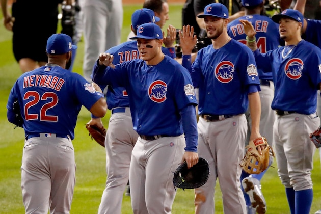 CLEVELAND, OH - NOVEMBER 01:  Anthony Rizzo #44 of the Chicago Cubs and Kris Bryant #17 celebrate with teammates after defeating the Cleveland Indians 9-3 to win Game Six of the 2016 World Series at Progressive Field on November 1, 2016 in Cleveland, Ohio.  (Photo by Gregory Shamus/Getty Images)