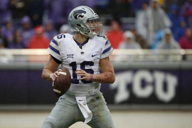 Kansas State quarterback Jesse Ertz (16) looks to throw against TCU during the first half of an NCAA college football game Saturday, Dec. 3, 2016, in Fort Worth, Texas. (AP Photo/Ron Jenkins)