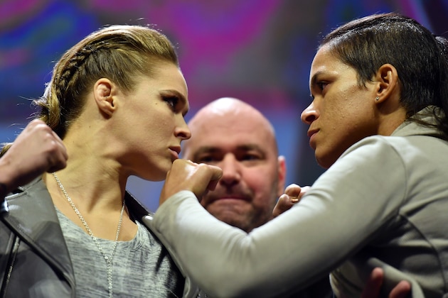 NEW YORK, NY - NOVEMBER 11:  UFC 207 opponents Ronda Rousey (L) and Amanda Nunes (R) face off after the UFC 205 weigh-in inside Madison Square Garden on November 11, 2016 in New York City. (Photo by Brandon Magnus/Zuffa LLC/Zuffa LLC via Getty Images)