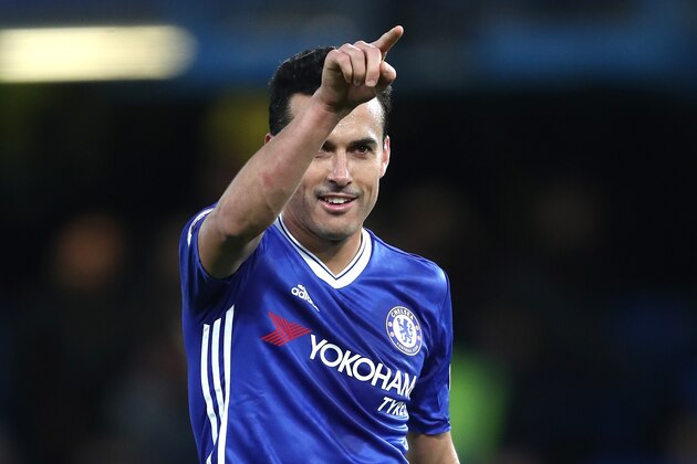 LONDON, ENGLAND - DECEMBER 26:  Pedro of Chelsea celebrates after scoring his second and his sides third during the Premier League match between Chelsea and AFC Bournemouth at Stamford Bridge on December 26, 2016 in London, England.  (Photo by Clive Rose/Getty Images)