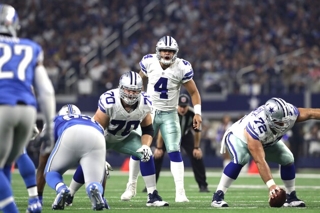 ARLINGTON, TX - DECEMBER 26: Dak Prescott #4 of the Dallas Cowboys looks across the line of scrimmage over teammate Zack Martin #70 as the Cowboys take on the Detroit Lions during the second half at AT&T Stadium on December 26, 2016 in Arlington, Texas. (Photo by Ronald Martinez/Getty Images)