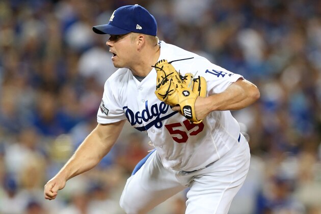 LOS ANGELES, CA - OCTOBER 20: Joe Blanton #55 of the Los Angeles Dodgers pitches during Game 5 of the NLCS against the Chicago Cubs at Dodger Stadium on Wednesday, October 20, 2016 in Los Angeles, California. (Photo by Rob Leiter/MLB Photos via Getty Images)