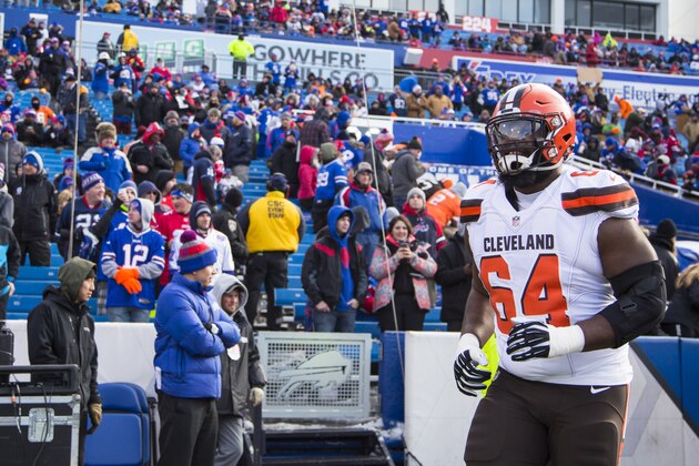 ORCHARD PARK, NY - DECEMBER 18:  Jonathan Cooper #64 of the Cleveland Browns runs onto the field before the game against the Buffalo Bills on December 18, 2016 at New Era Field in Orchard Park, New York. Buffalo defeats Cleveland 33-13.  (Photo by Brett Carlsen/Getty Images)